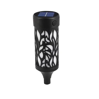 A black solar-powered garden light with a decorative cut-out pattern.