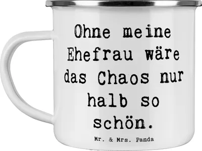 Produktbild von Mr. & Mrs. Panda Teetasse Spruch Ehefrau Chaos - Weiß - Geschenk, Haferl, Zusammenleben, Familie, Emaille Tasse, Pott, Humor, herzerwärmende Sprüche, Liebe, für