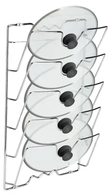 Immagine prodotto di Porta coperchi robusto - Supporto per coperchi - Organizzazione della cucina - Montaggio a parete - Salvaspazio - Per 5 coperchi di pentole