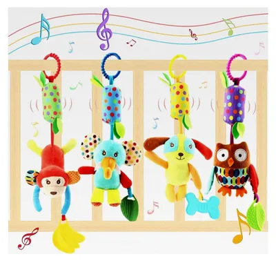 Produktbild von Kinderwagen Spielzeug, 4 Stück Baby Hängespielzeug mit Rassel, Hängendes Rassel Spielzeug, Anhänger Spielzeug für Kinderwagen und Babybett