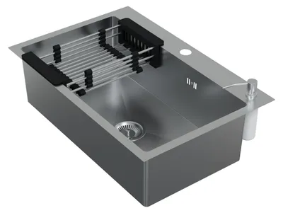 Produktbild von HAGO24 Einbauspüle 68x45cm Edelstahl Küchenspüle Spülbecken Eckig Ablaufgarnitur Schallschutz Universal Silber Seifenspender Abtropfkorb