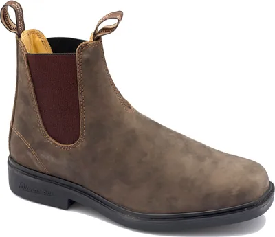 A single brown leather boot is shown against a white background.