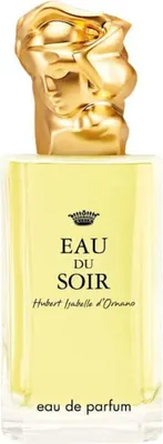 A perfume bottle with a gold cap and yellow liquid.