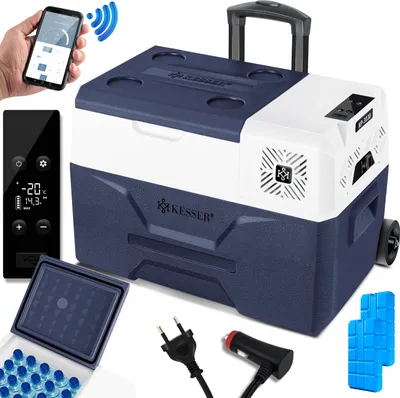 Produktbild von KESSER® Kompressor Kühlbox elektrisch Gefrierbox, Mit APP-Steuerung USB-Anschluss 12/24 V 230V, +Teleskopstange, Kühlakkus Räder Kühlschrank Kühlung bis -20 °C für Auto, Lkw, Boot, Reisemobil, Camping