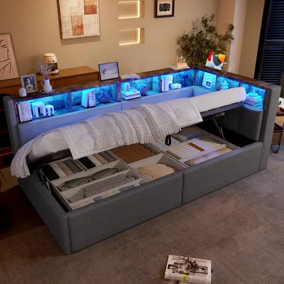 A modern bed with integrated storage and LED lighting in a bedroom setting.