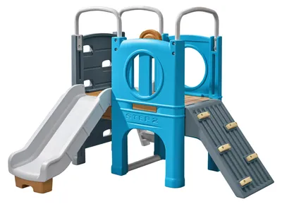 Image de Step2 Scout & Slide Climber Aire De Jeux En Plastique Avec Toboggan - Bleu/Gris | Équipement De Jeu, 2 Murs D'Escalade | Dimensions : 175 X 140 X