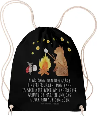 Produktbild von Mr. & Mrs. Panda Jutebeutel Bär & Marienkäfer Lagerfeuer - Schwarz - Geschenk, Kleiner Rucksack, sporttasche klein, wander, Teddy, Beutel, Stoffbeutel