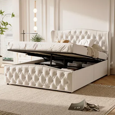 Obrázek produktu pro Postel s čalouněnou konstrukcí 140x190 cm, s úložným prostorem, čalouněná látkou, s roštovou základnou, dvoulůžko s čalouněnou opěrkou, design Chesterfield, rám postele v béžové barvě, bez matrace