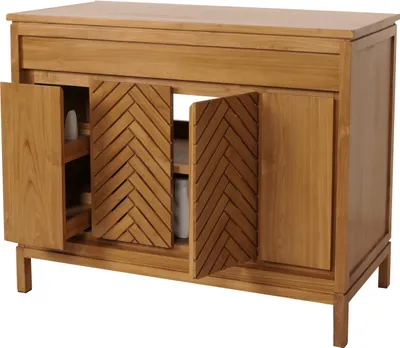 Zdjęcie produktu dla Szafka pod umywalkę z drewna tekowego HWC-M74, wysokiej jakości drewno tekowe klasy B (twardziel, 20-30 lat), 86x106x56 cm