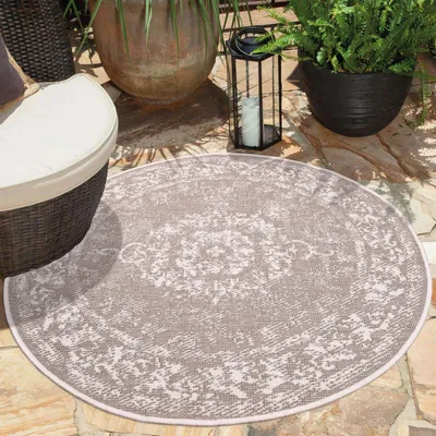 Produktbild von Teppich Outdoor Wetterfest - Creme, Beige - Wendeteppich - 120 cm Rund - Ornamente