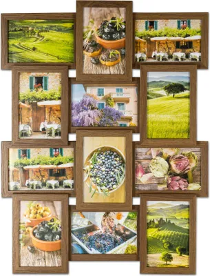 A collage of 12 framed photos, mostly featuring Tuscan landscapes, food, and architecture.