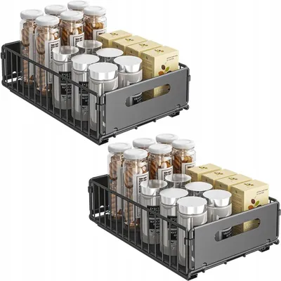 Image de Lot de 2 tiroirs télescopiques, tiroirs coulissants pour armoires de cuisine, étagères autocollantes pour tiroirs, étagères de rangement, noir, organiseurs coulissants