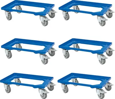 Produktbild von 6 Transportroller f. Behälter, blau, 4 Lenkrollen, 2 m. Bremse, graue Gummiräder, Trg 250 kg