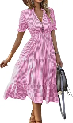 Produktbild von 2023 grenzüberschreitendes Amazon-Hot-Style-Kleid aus Europa und Amerika für Damen mit Streifen, V-Ausschnitt, elastische Taille, kurzärmliges Swing-Kleid, Pink, S