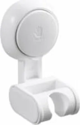 A white shower head holder with a suction cup mount.