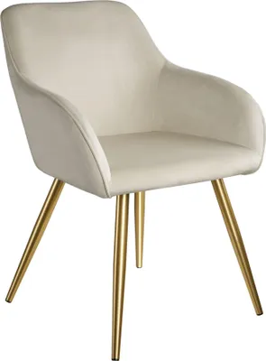 A cream-colored upholstered chair with gold legs, isolated on a white background.