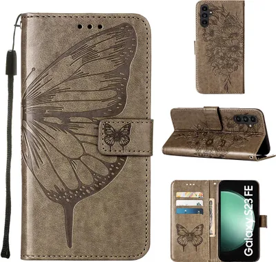 Produktbild von Lederhülle für Samsung Galaxy S23 FE Schmetterling Prägung Flip Ledertasche Kartenfächer Handyhülle mit Ständer Grau