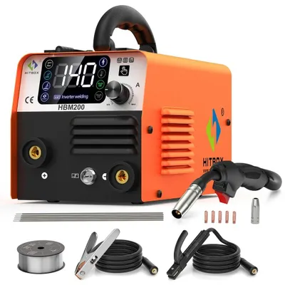 Immagine prodotto di Saldatrice MIG 3-in-1 - HBM200: saldatrice multifunzione MMA/TIG - Controllo sinergico - Filo di saldatura senza gas, 0,8–1,0 mm - 120A - 220–240V, spina EU