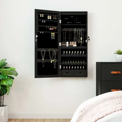 Produktbild von vidaXL Spiegel Schmuckschrank mit LED Beleuchtung Wandmontage Schwarz - Schmuckschrank Mit Spiegel - Schmuckschränke Mit Spiegel - Spiegel-Schmuckschrank - Schmuckschrank