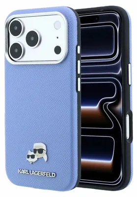 Obrázok produktu pre Karl LagerfeldPolyuretánzrnitý poluobopínací kryt K&CH Heads Magsafe pre iPhone 18 Pro modrý