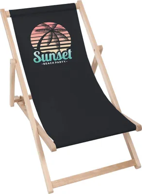 A black canvas deck chair with a sunset and palm tree graphic, set against a white background.