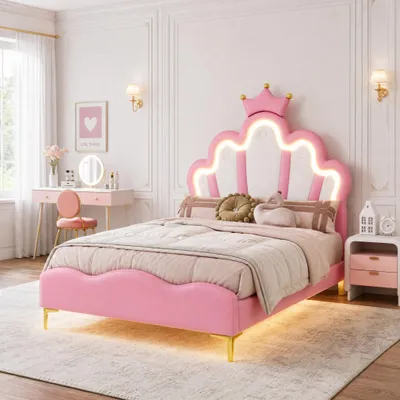 Immagine prodotto di Letto imbottito 90x200 cm con rete a doghe, letto per bambini con testiera a forma di , letto singolo per adolescenti con rivestimento in ecopelle, letto a forma di principessa, letto in legno, colore rosa