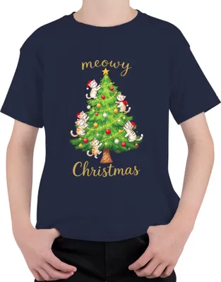 Produktbild von meowy Christmas Katzen Weihnachtsbaum niedlich Katzenliebhaber Uni Kinder T-Shirt, Navy, 128