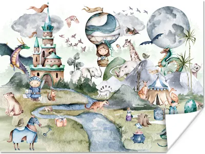 Produktbild von MuchoWow® Poster Kinder - Heißluftballon - Drache - Jungen - Burg - Aquarell 160x120 cm - Foto Plakat