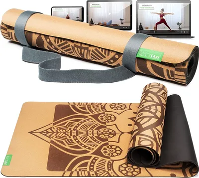 Produktbild von BACKLAxx® Kork Yogamatte mit Naturkautschuk inkl. Mattengurt - Nachhaltige Sportmatte (Fitnessmatte) rutschfest schadstofffrei mit Anti-Rutsch-Zonen