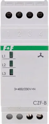 A close-up, front-facing view of an electrical component, likely a relay or circuit breaker, mounted on a DIN rail.