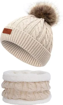 Produktbild von Baby Mütze Schal Set Mädchen Jungen Warm Fellbommel Beanie Hüte