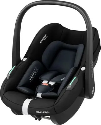 A black infant car seat is shown from a diagonal angle against a white background.