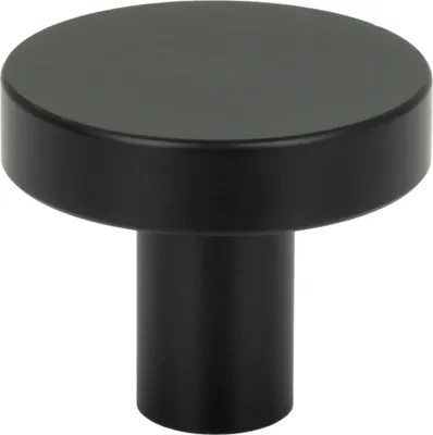 A single black furniture knob on a white background.