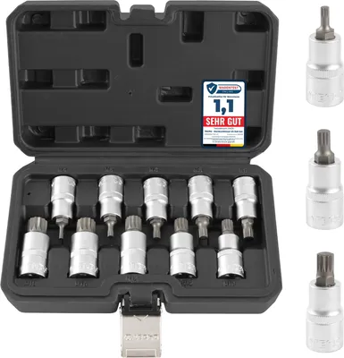 A set of socket wrenches in a black case, with some individual sockets shown to the right.