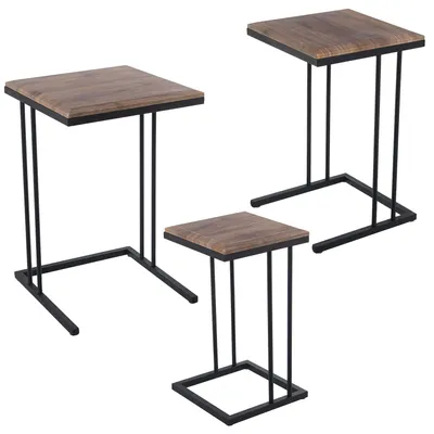 3er-Set Beistelltische, Metall/Holz, Schwarz/Eiche, 40x40x60 cm