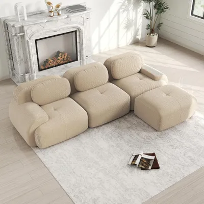 Produktbild von Modulares Ecksofa Cord Beige, rahmenloses Sofa ohne Montage, mit extra breiten Armlehnen und 32D Schaumstoff, haustierfreundlich, 298x178x70 cm