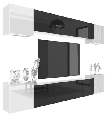 Produktbild von BELINI Wohnwand MILANO 4 Wohnzimmer 300 cm - Schwarz/Weiß Hochglanz, Moderne Schrankwand Set, Anbauwand TV-Schrank Griffloses System
