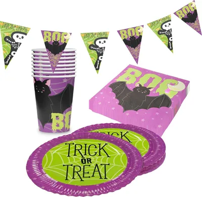 Produktbild von Halloween Skelett – 4-teiliges Partyset mit Tellern, Bechern, Servietten & Deko