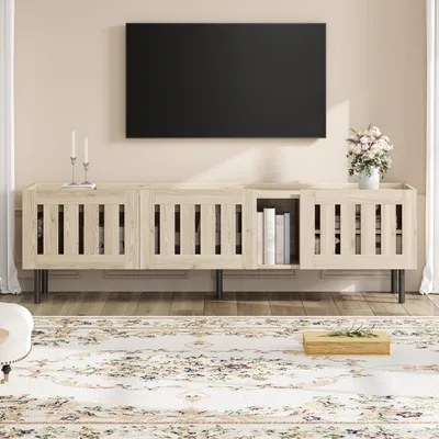 Image de Meuble TV bas 160 x 40 x 47 cm, meuble TV minimaliste, meuble TV en bois naturel, meuble au design ajouré, meuble TV adapté aux téléviseurs de 65 pouces