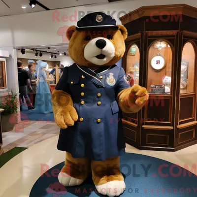 Produktbild von Maskottchenfigur REDBROKOLY eines Navy-Bären mit Faltenrock und Münzbörse