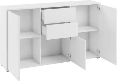 A white sideboard with two drawers and two doors, shown open.