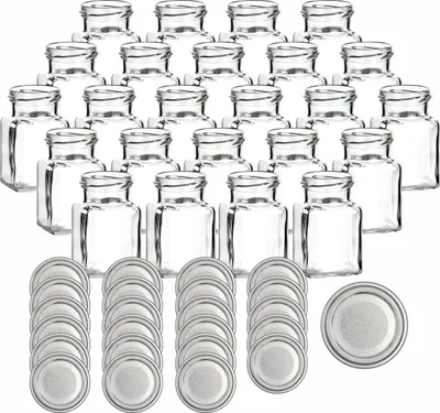 Produktbild von gouveo 24er Set Einmachgläser 150 ml eckig Schraubverschluss silberfarben - Kleines Vorratsglas mit Deckel für Gewürze, Marmelade