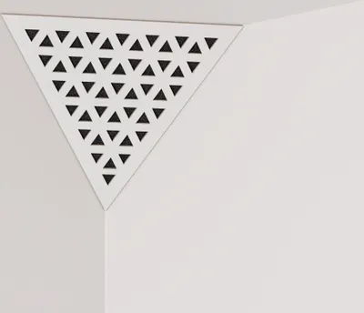 A white triangular acoustic foam panel with a perforated HDF plate is shown in a corner where two walls meet.