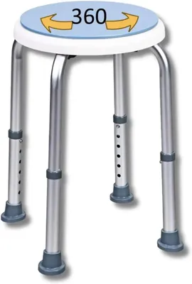 Zdjęcie produktu dla Stołek pod prysznic – stołek łazienkowy – regulowana wysokość 36–51 cm – obrotowe siedzisko – tapicerowany – metalowa rama – siedzisko 33 x 33 cm – niebiesko-biały