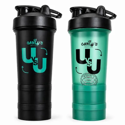 Produktbild von Protein Shaker 2er Set 500ml – 4 Pulverfächer, 2 Edelstahl-Mixball & 2 Tabletten-Organizer – BPA-frei, auslaufsicher, spülmaschinenfest – Eiweiß Shake, KI-generiertes Bild