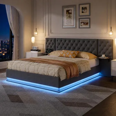 Imagen del producto de Cama tapizada UnboxG de 160x200 cm con cabecero con espacio de almacenamiento, 2 mesitas de noche abatibles, iluminación LED, puertos USB y función de carga inalámbrica de 15W, tapizada en lino, color gris