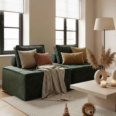 Produktbild von Set aus 2 Stoffsesseln für modulare Sofas mit grünem Kissen - Oviala Tiby