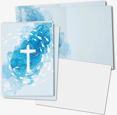 Produktbild von younikat Karten Kommunion Taufe Hochzeit Konfirmation I 15x mit Einlegeblatt zum bedrucken und Umschlägen I für Einladungen Danksagungskarten Blaue Fische Kreuz I dv1564