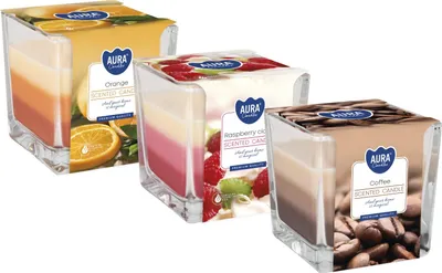 Zdjęcie produktu dla ZESTAW Świeca zapachowa w szkle trójkolorowa BISPOL Aura 32H MIX "1" 3szt.