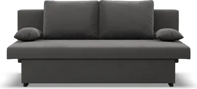 A gray sofa with two large back cushions and two small side cushions, shown from the front.